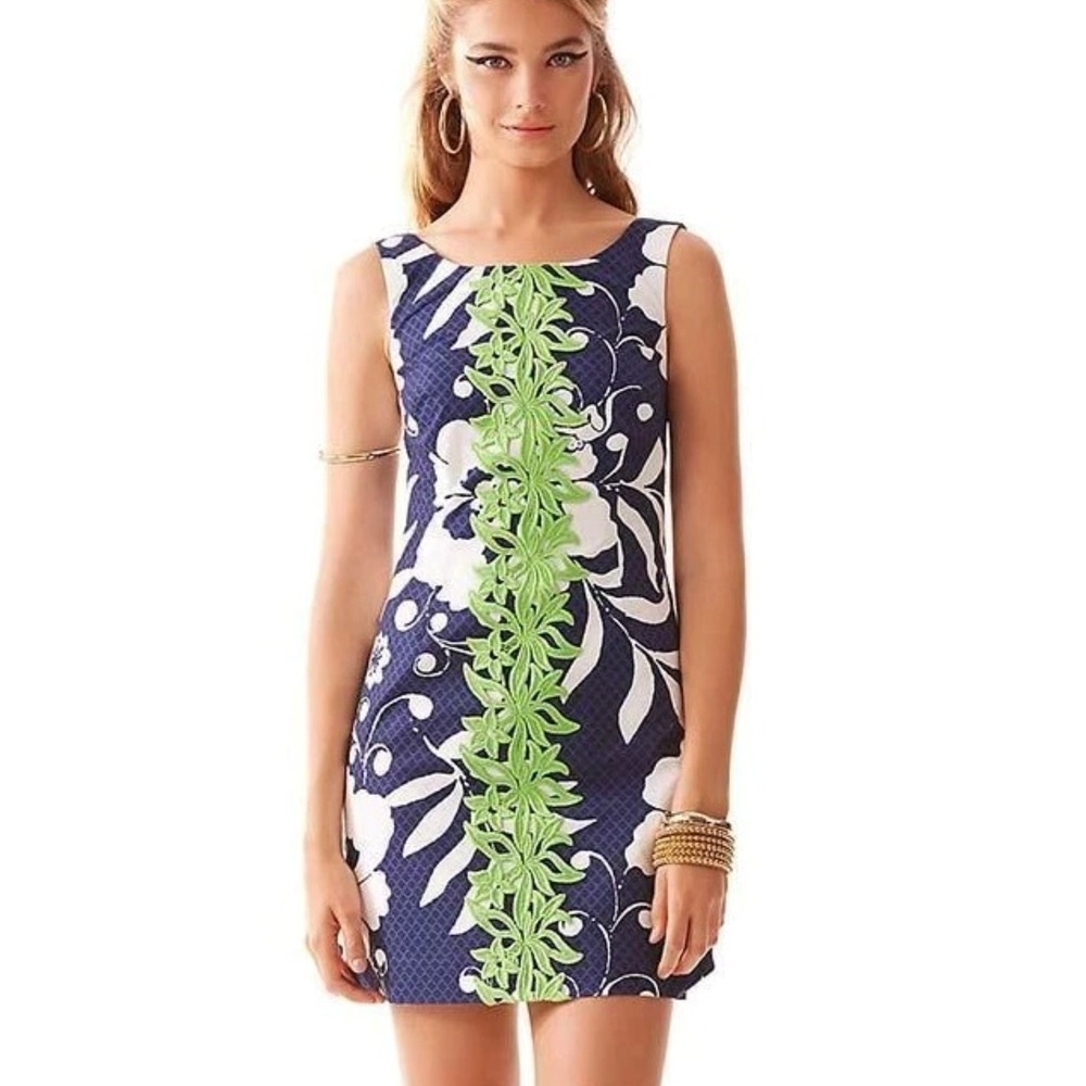 Lilly Pulitzer Janice Shift Dress Women 4 Navy Blue Floral Green Lace Applique